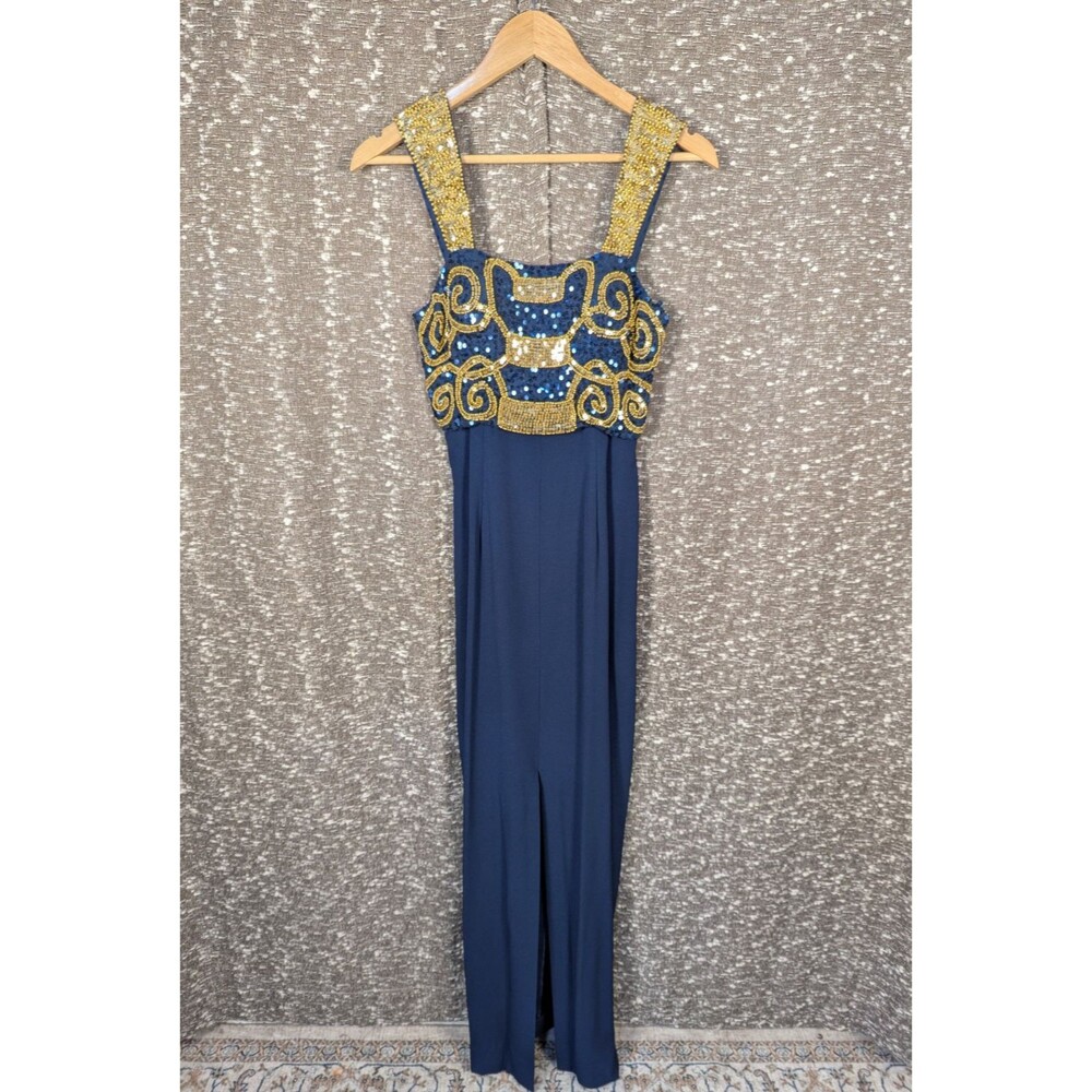 Vintage Alyce Designs Sequin Blue Prom Cocktail‎ Dress Gold Beading Size 4